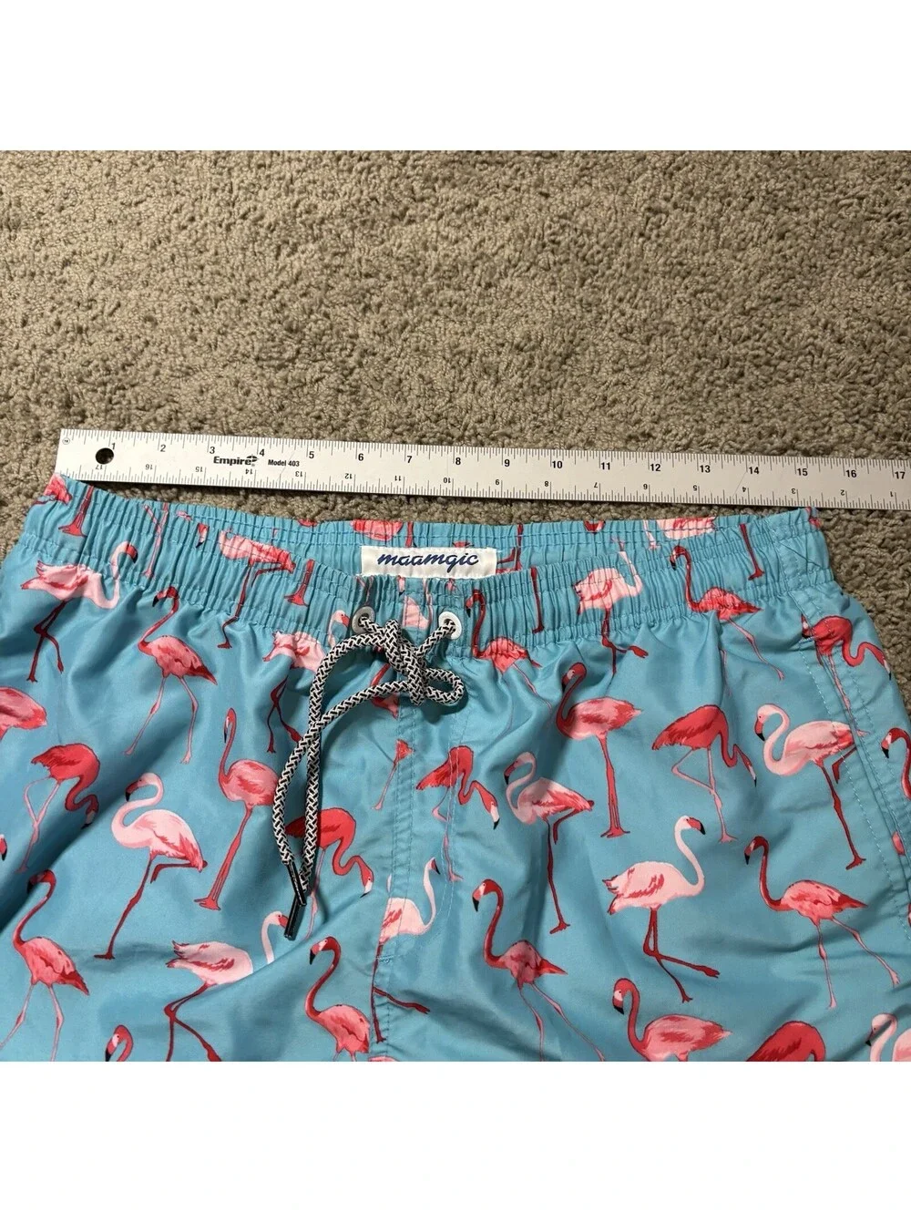 Maamgic Men’s Swim Trunks Size M Light Blue Pink Flamingo All Over Print Lined